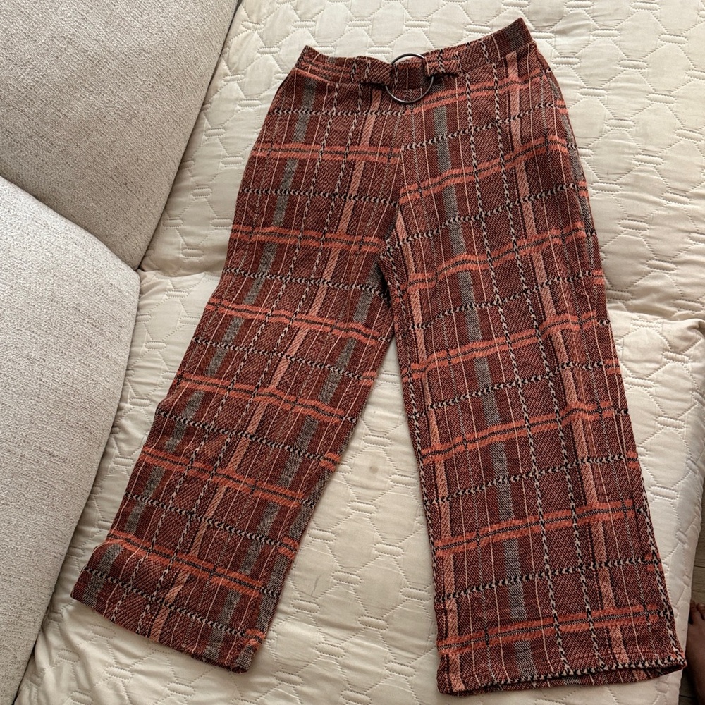 Zara Red and Brown Plaid Wide Leg Pants